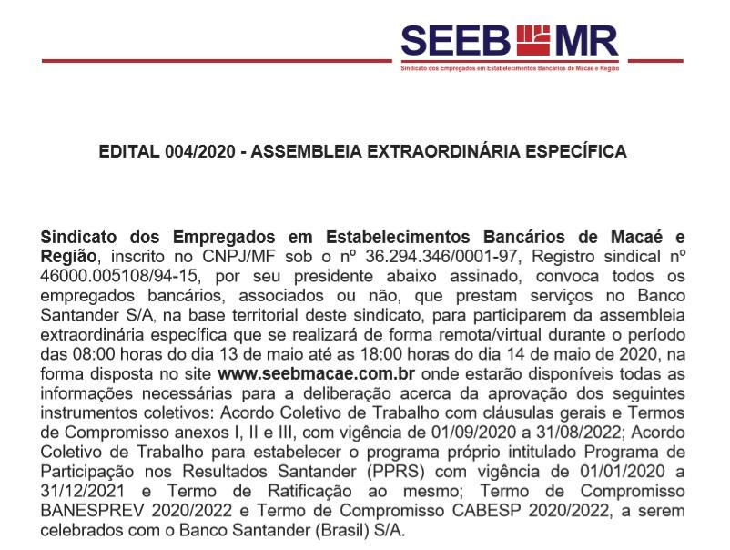 EDITAL 004/2020 - ASSEMBLEIA EXTRAORDINÁRIA ESPECÍFICA - Bancários vão deliberar sobre o acordo com o Banco Santander.
