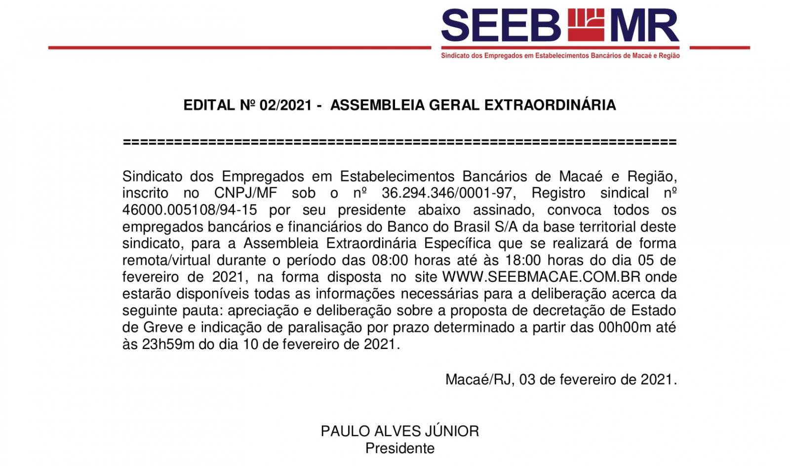 EDITAL 02/2021 - ASSEMBLEIA GERAL EXTRAORDINÁRIA