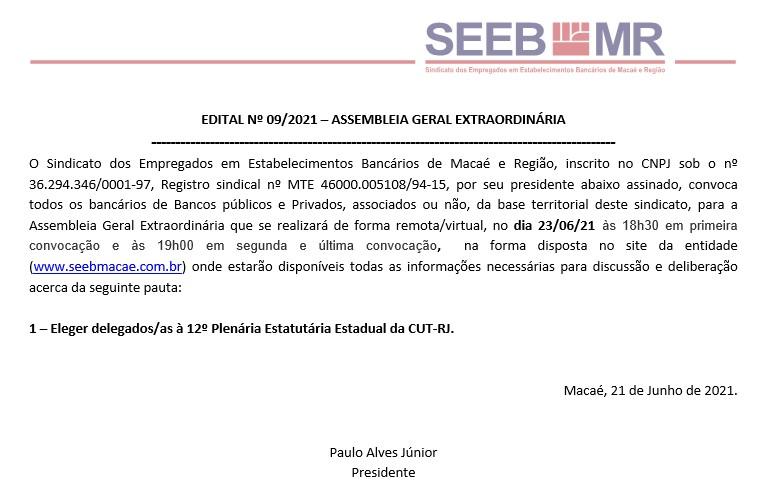 EDITAL Nº 09/2021 – ASSEMBLEIA GERAL EXTRAORDINÁRIA