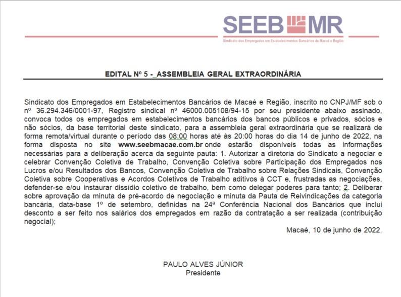 EDITAL Nº 5 -  ASSEMBLEIA GERAL EXTRAORDINÁRIA