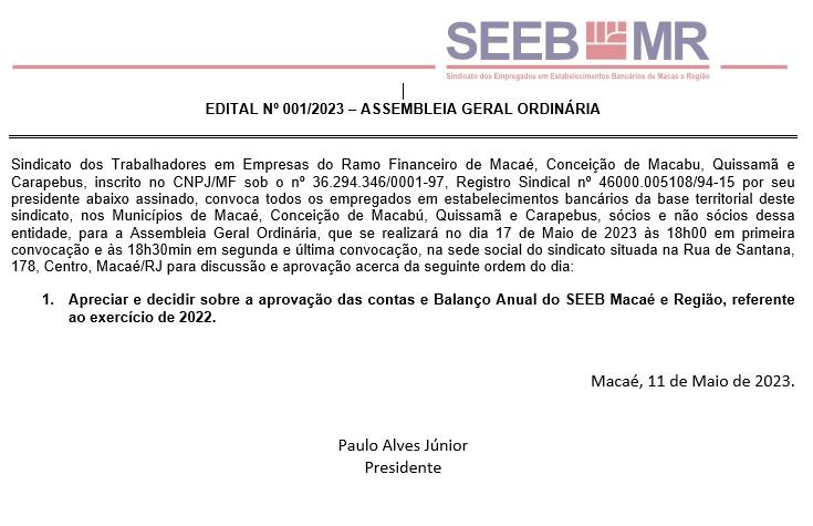 EDITAL Nº 001/2023 – ASSEMBLEIA GERAL ORDINÁRIA