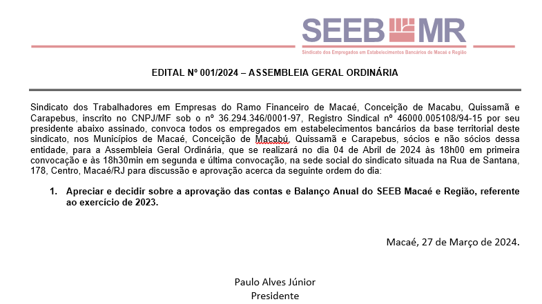 EDITAL Nº 001/2024 – ASSEMBLEIA GERAL ORDINÁRIA
