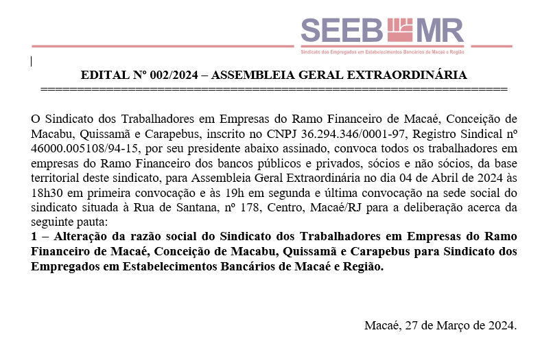 EDITAL Nº 002/2024 – ASSEMBLEIA GERAL EXTRAORDINÁRIA