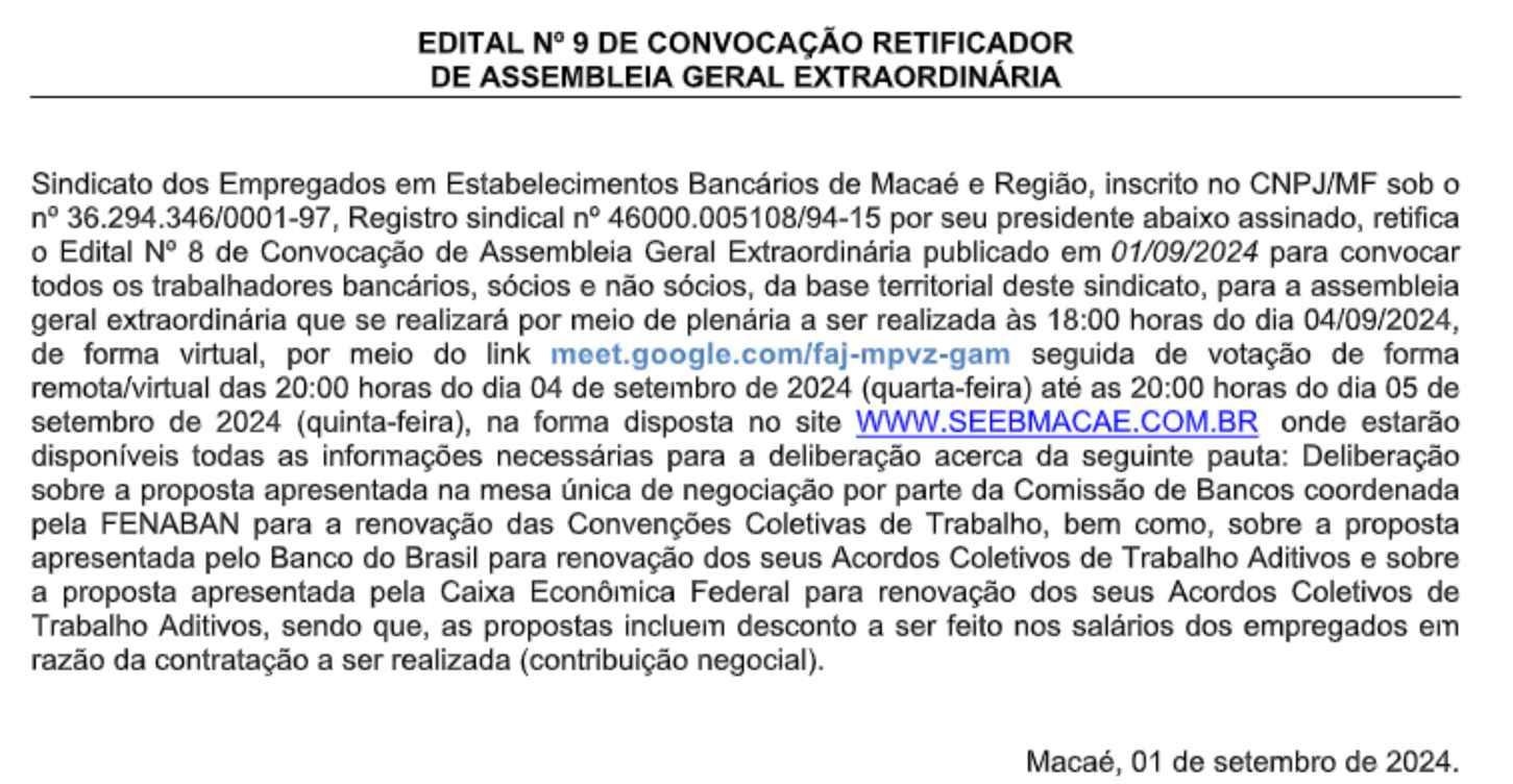 EDITAL Nº 9 DE CONVOCAÇÃO RETIFICADOR DE ASSEMBLEIA GERAL EXTRAORDINÁRIA